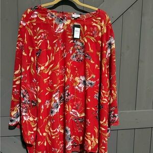 Avenue Vibrant Sheer Red Floral Blouse with a tank under 30/32